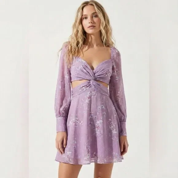 NWT Bardot Purple Floral Cutout Mini Dress 10 Boho Romantic Wedding Guest Party - Picture 1 of 7
